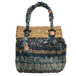 SunNSand straw detail boho print twist rope handle shoulder bag